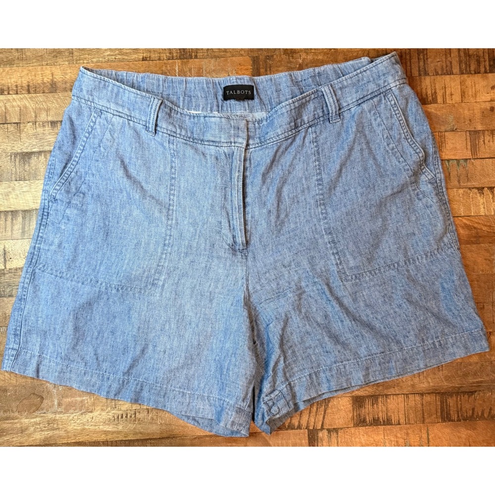 Talbots Womens Blue Linen Cotton Blend Chambray Shorts Size 14 Elastic Back 5in